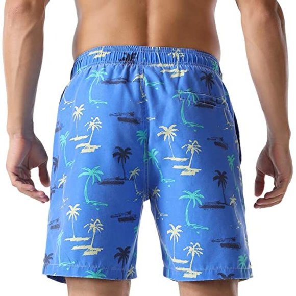 Nonwe Blue Palm Tree Swim Shorts Soft Washed Drawstring Board Shorts For Men - Picture 4 of 7